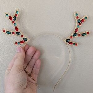 Festive Antler Headband with Red and Green Gems